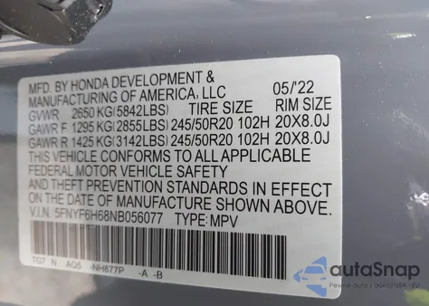 2022 Honda Pilot Touring z USA, uszkodzony, nr VIN 5FNYF6H68NB056077